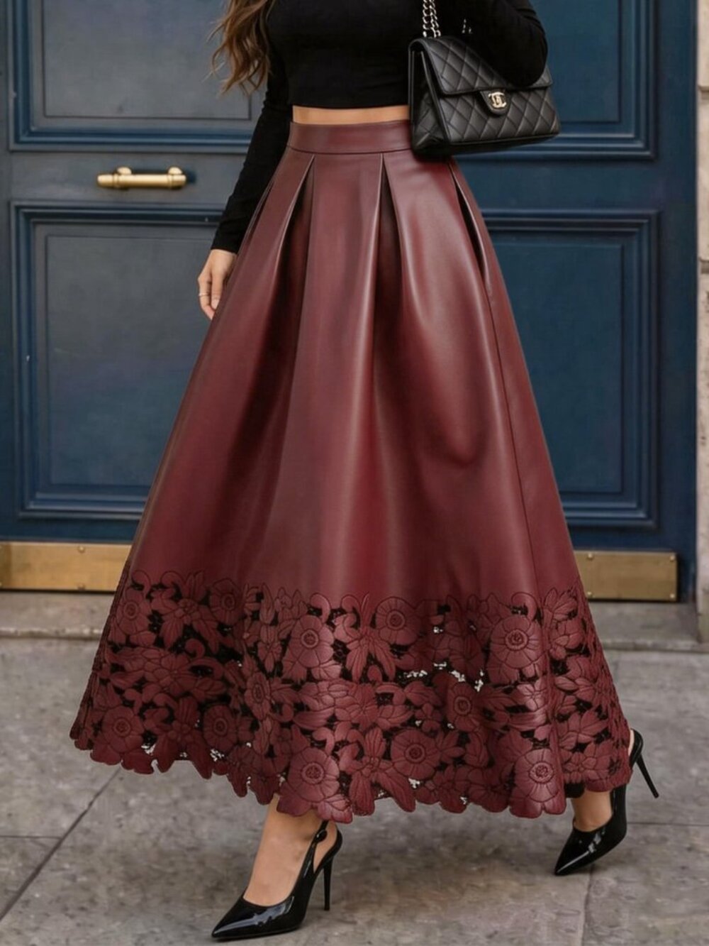 Burgundy Elegant Women's Embroidered A-Line Full Skirt